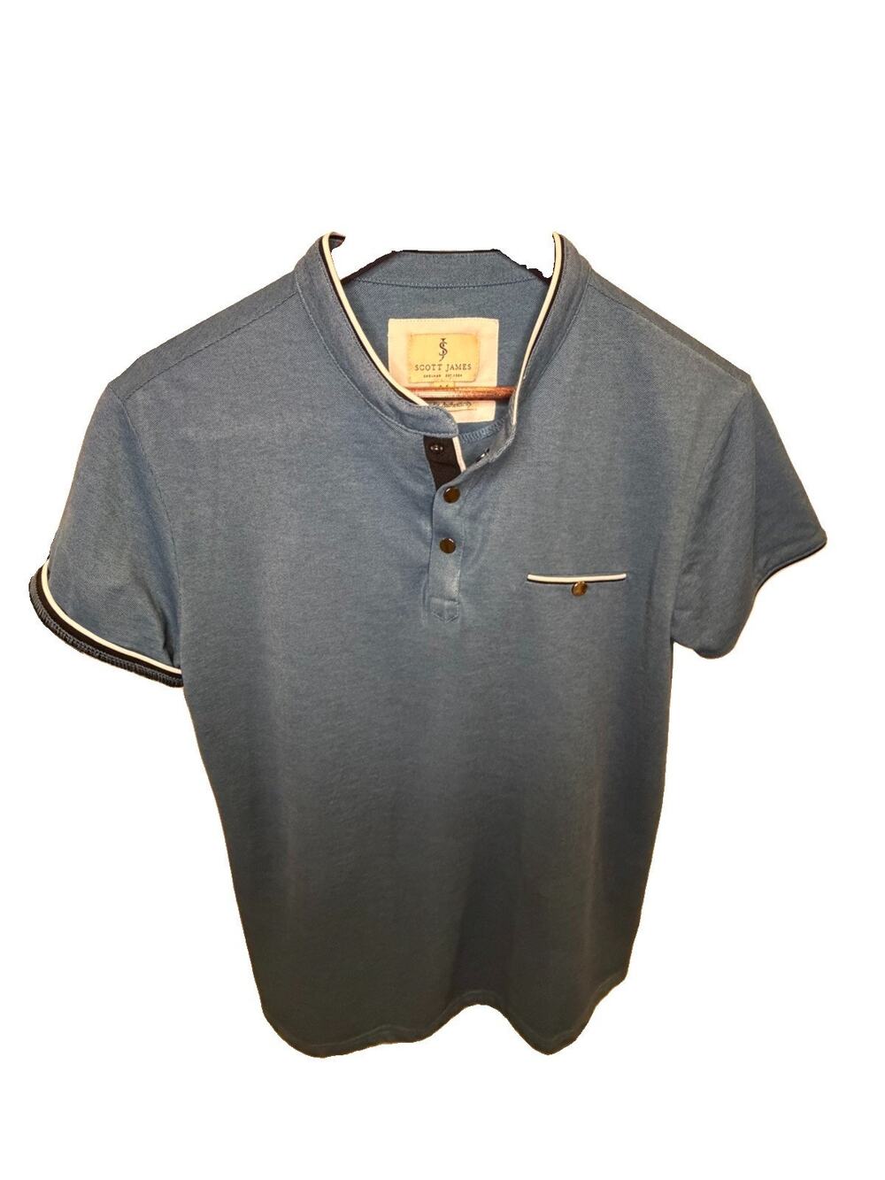 Scott James Mens M Teal Blue Band Collar Henley Polo Shirt Pocket Tipped